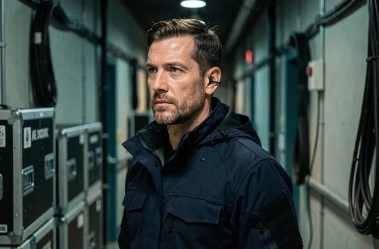 Acteur en veste tactique sombre dans un couloir de studio de tournage évoquant l'univers de la série NCIS
