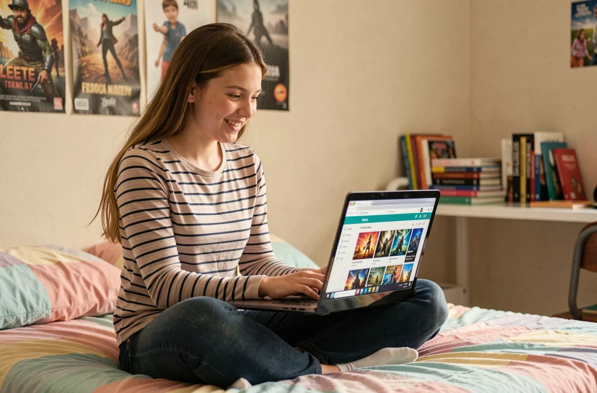 Adolescente souriante jouant à des jeux vidéo gratuits en ligne sur un ordinateur portable dans sa chambre