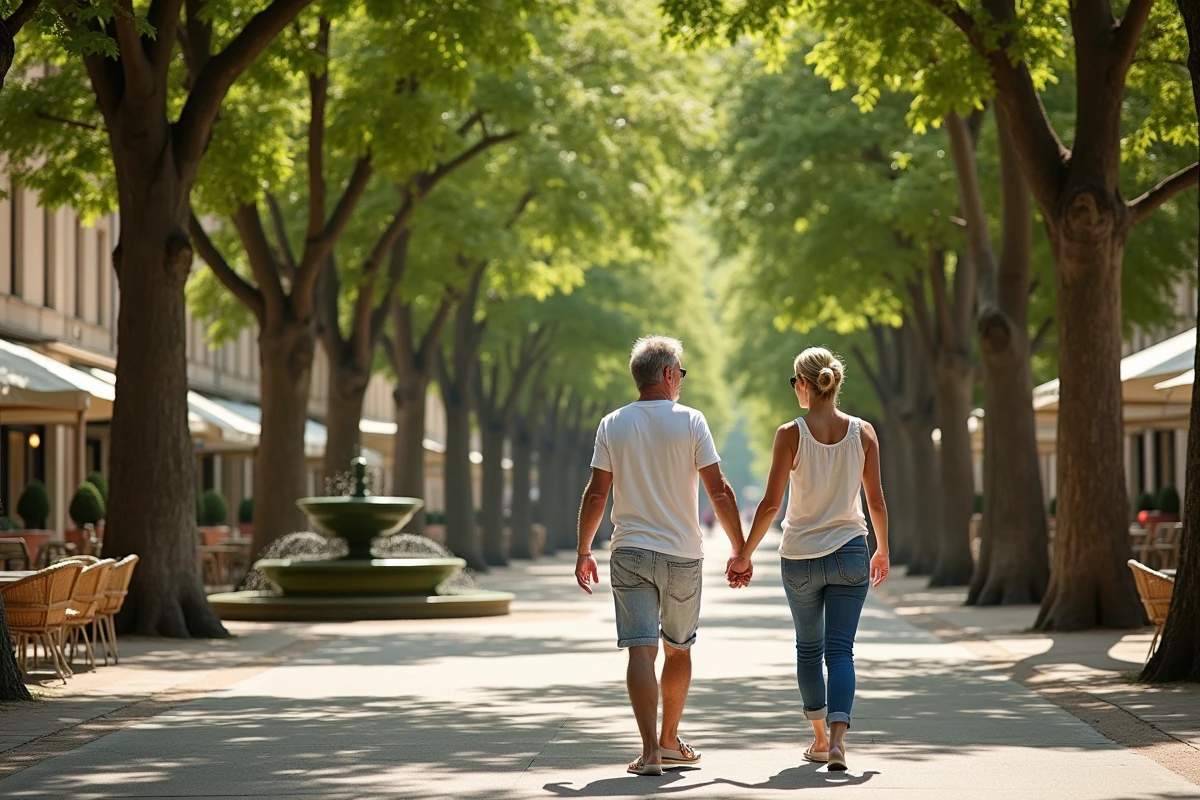 Un couple se promène sur le cours Mirabeau à Aix-en-Provence sous les platanes avec les hôtels particuliers du XVIIe siècle en arrière-plan