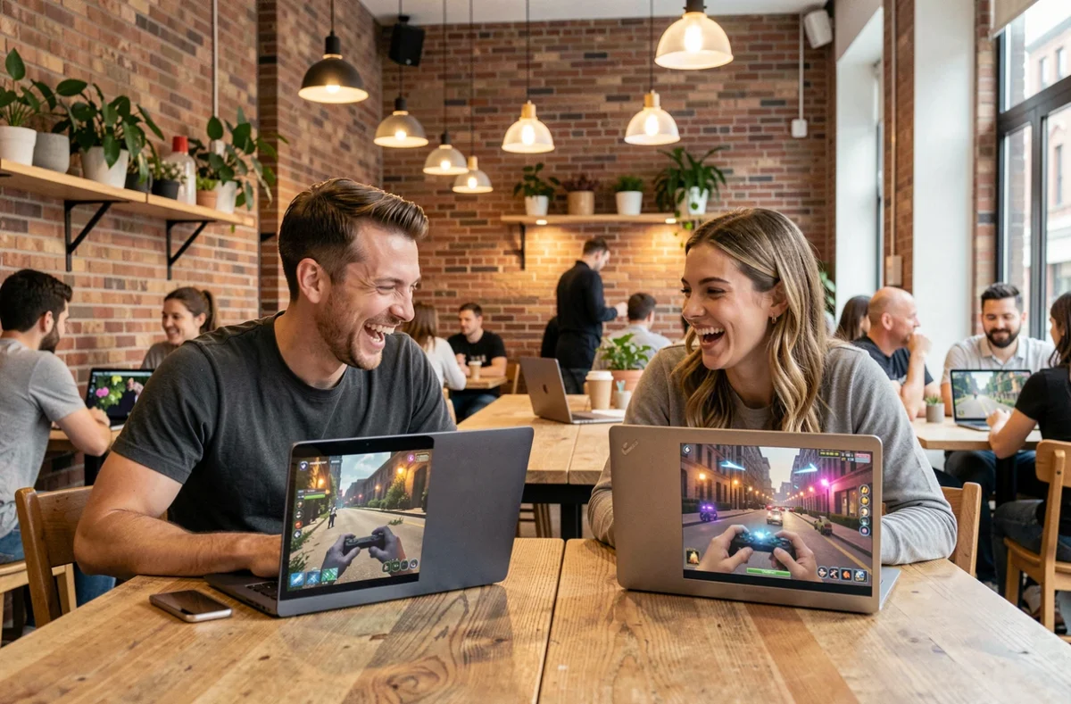 Deux amis adultes jouant ensemble à des jeux multijoueurs gratuits en ligne sur leurs ordinateurs portables dans un café moderne