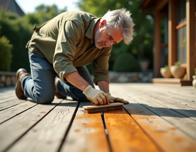 Homme appliquant un saturateur pour bois sur une terrasse en chêne avec un pinceau plat, mise en valeur de la pénétration du produit dans le bois brut