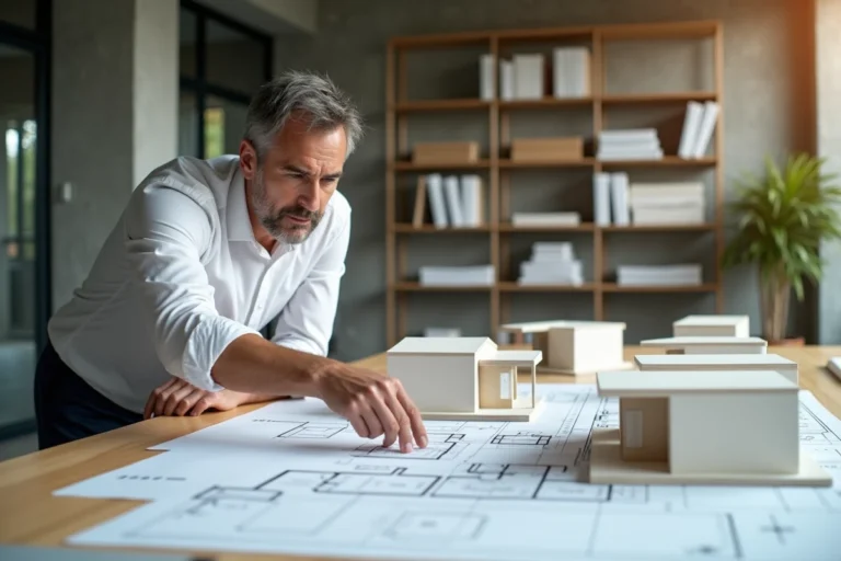 Architecte analysant des plans de logements modulaires dans un bureau immobilier moderne, illustrant le modèle économique innovant d'une société de logement