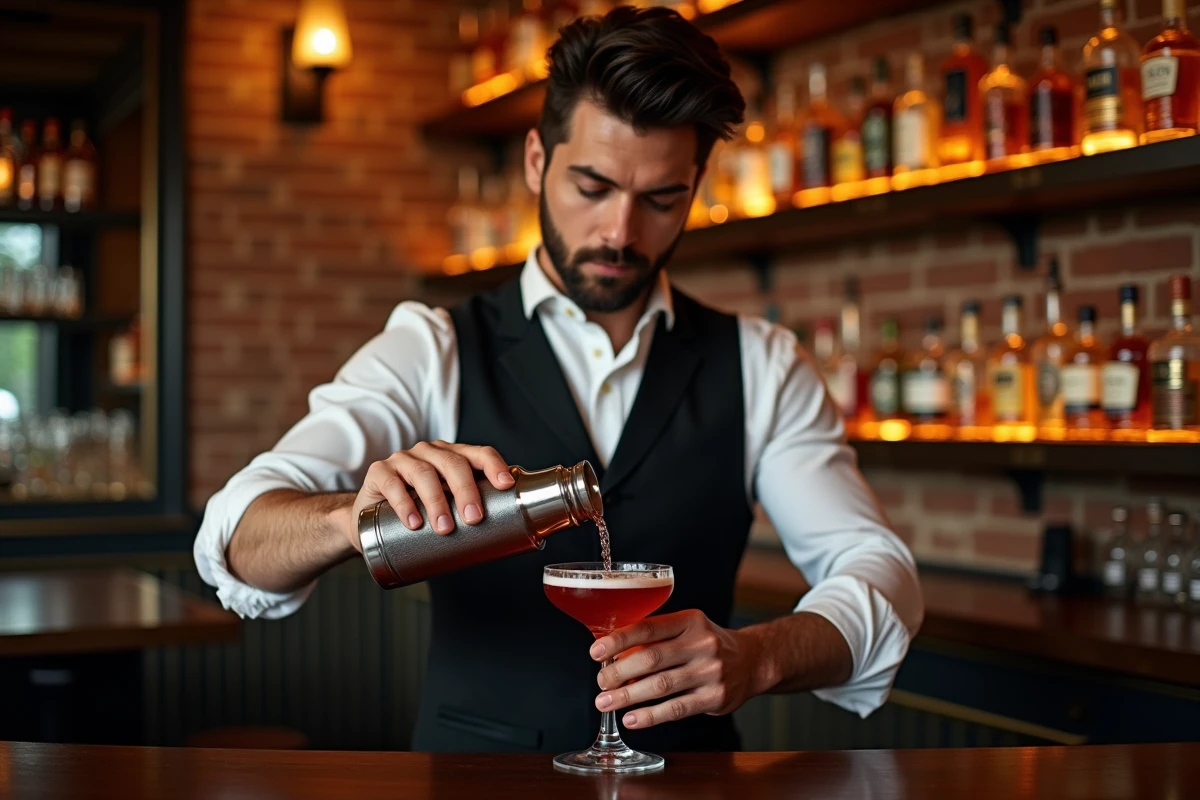 Barman versant un cocktail élaboré dans un bar tendance à Bruxelles, Belgique