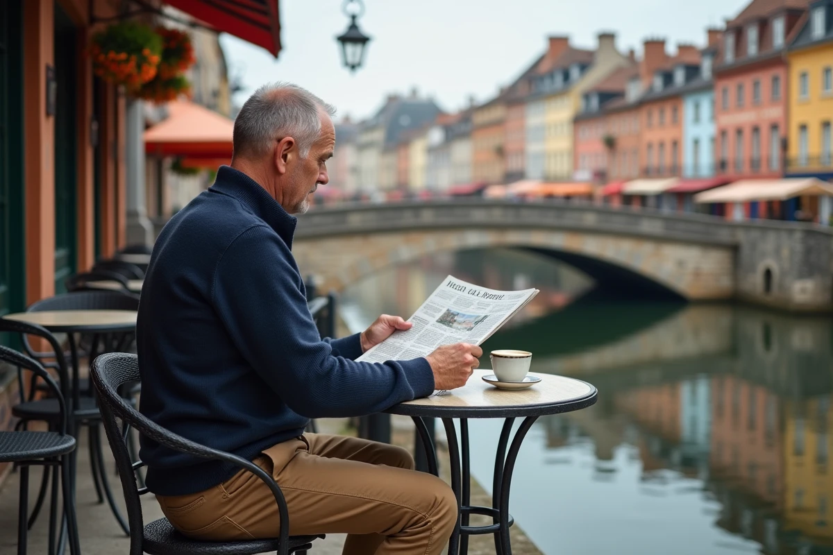 Un homme lit un journal en terrasse de café dans le vieux Bayonne avec les maisons basques à colombages et la Nive en arrière-plan