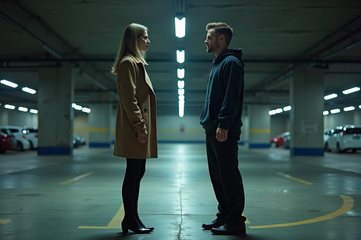 Une femme et un homme face à face dans un parking souterrain, tension palpable entre eux, illustrant le rapprochement ambigu entre Beth et Rio dans Good Girls