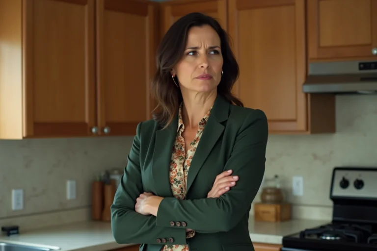 Femme en blazer dans une cuisine américaine, regard tendu et ambivalent, illustrant la tension relationnelle entre deux personnages de la série Good Girls
