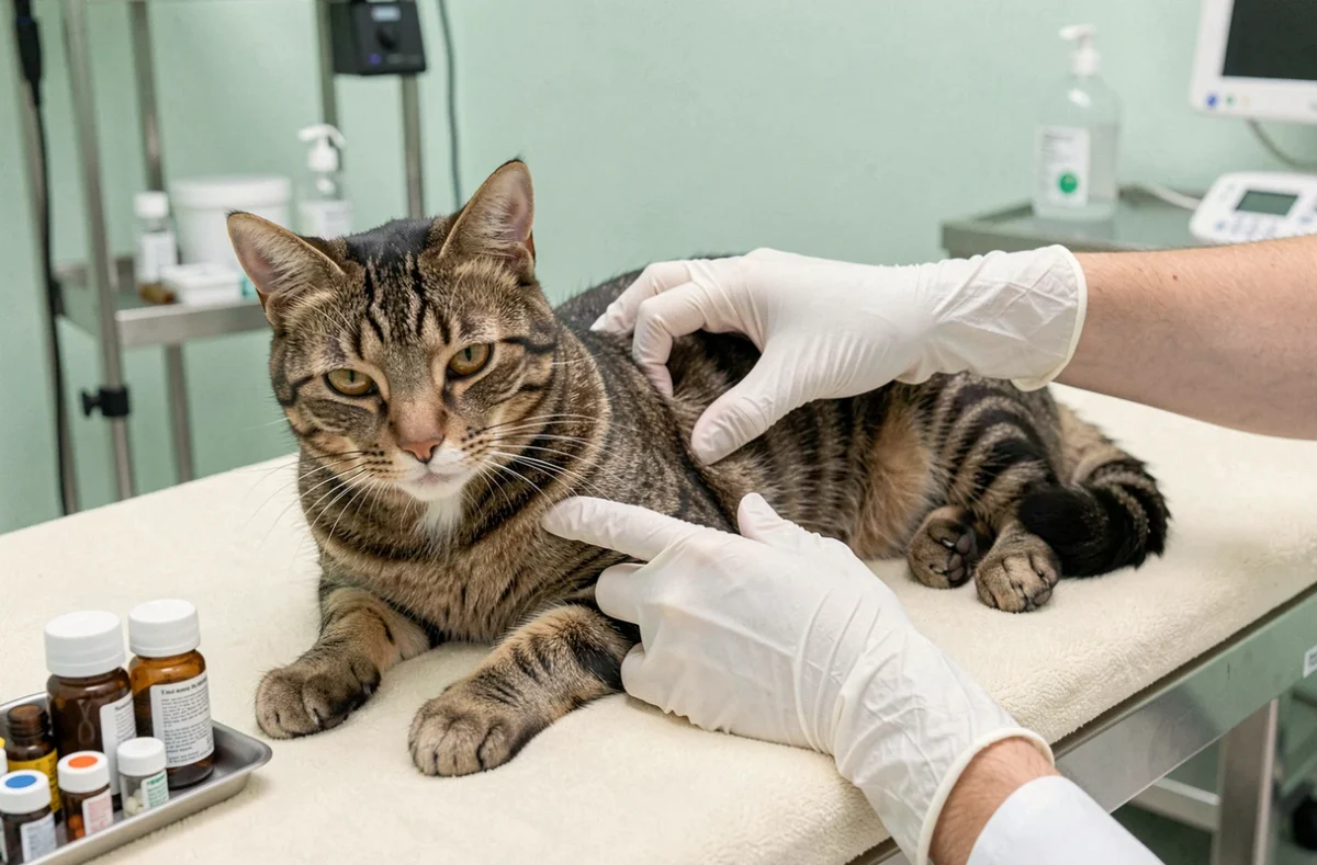 Chat tigré examiné par un vétérinaire sur une table médicale, surveillance des effets secondaires du Zodon