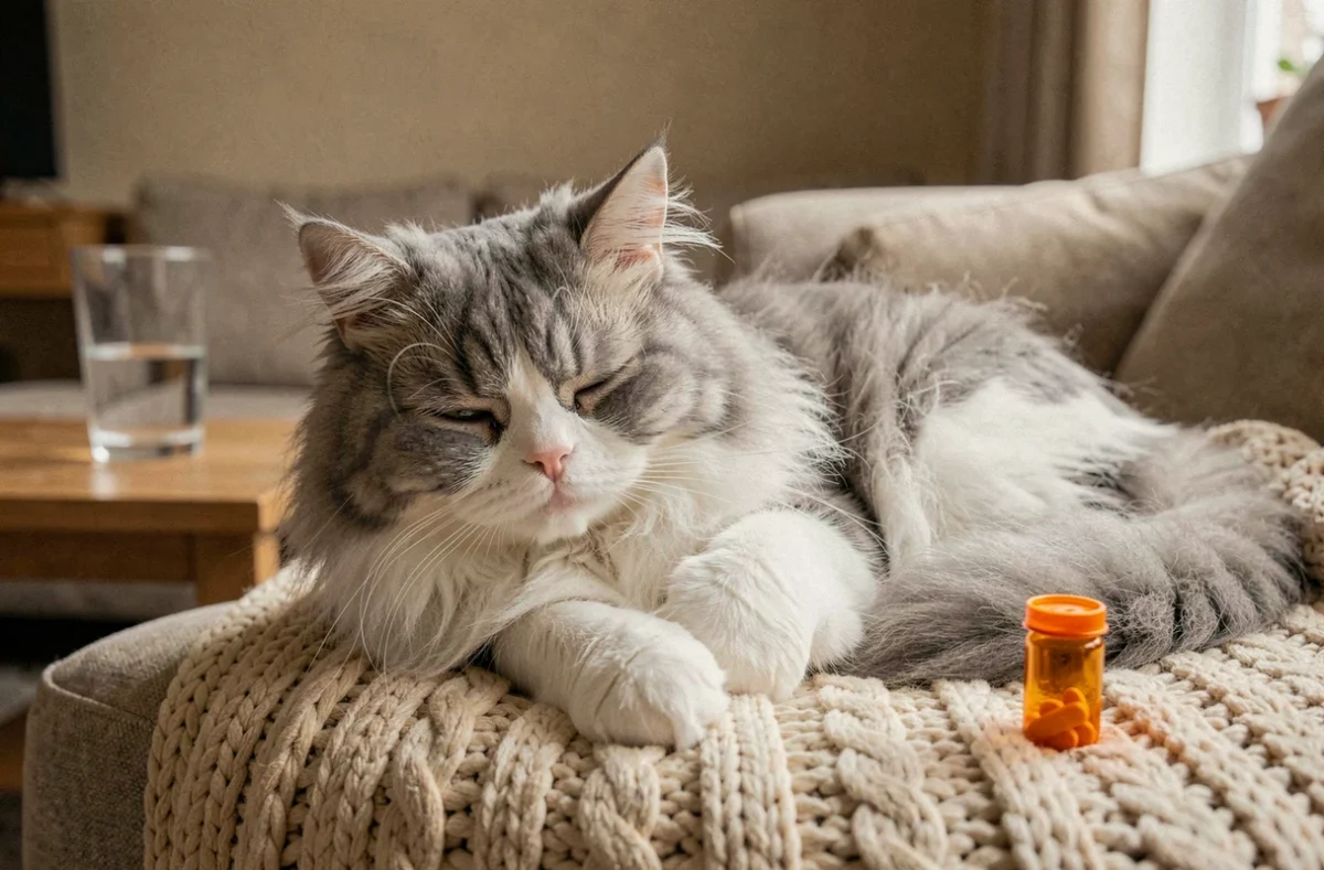 Chat persan allongé avec fatigue sur un canapé, effet secondaire de somnolence après prise de médicament