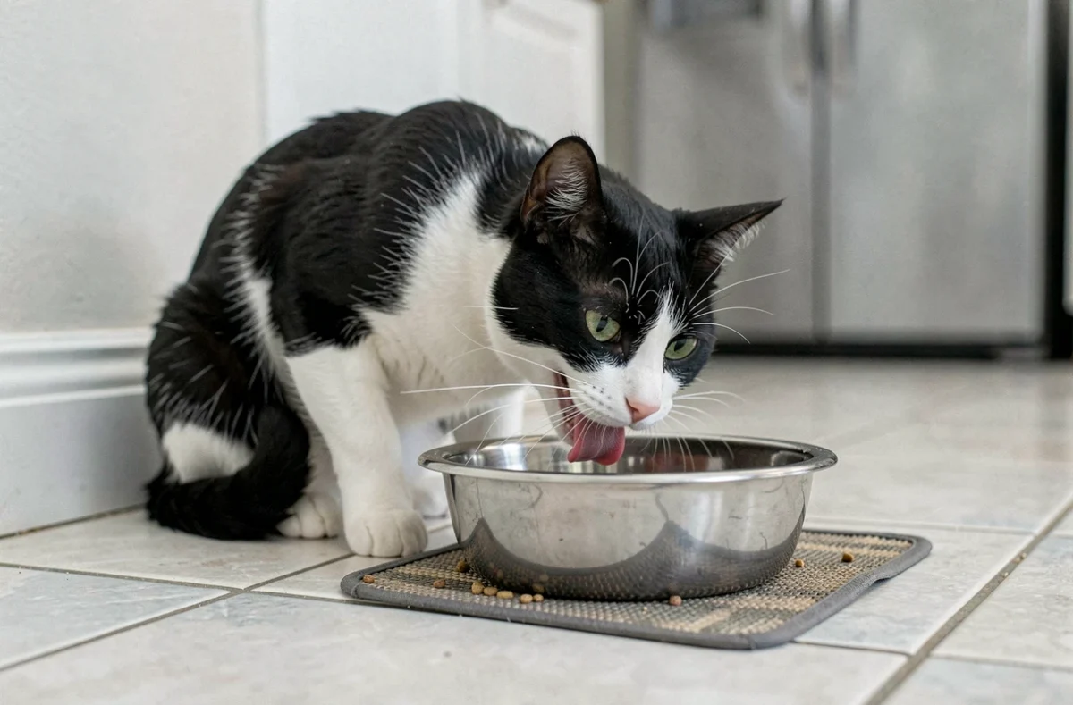 Chat noir et blanc buvant abondamment de l'eau, signe de polydipsie comme effet secondaire possible du Zodon