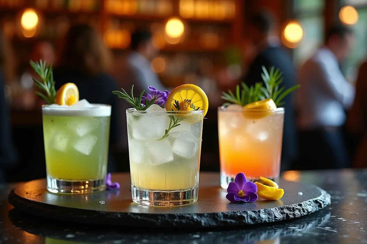 Trois cocktails artisanaux garnis d'herbes et de fleurs sur un bar en marbre en Belgique