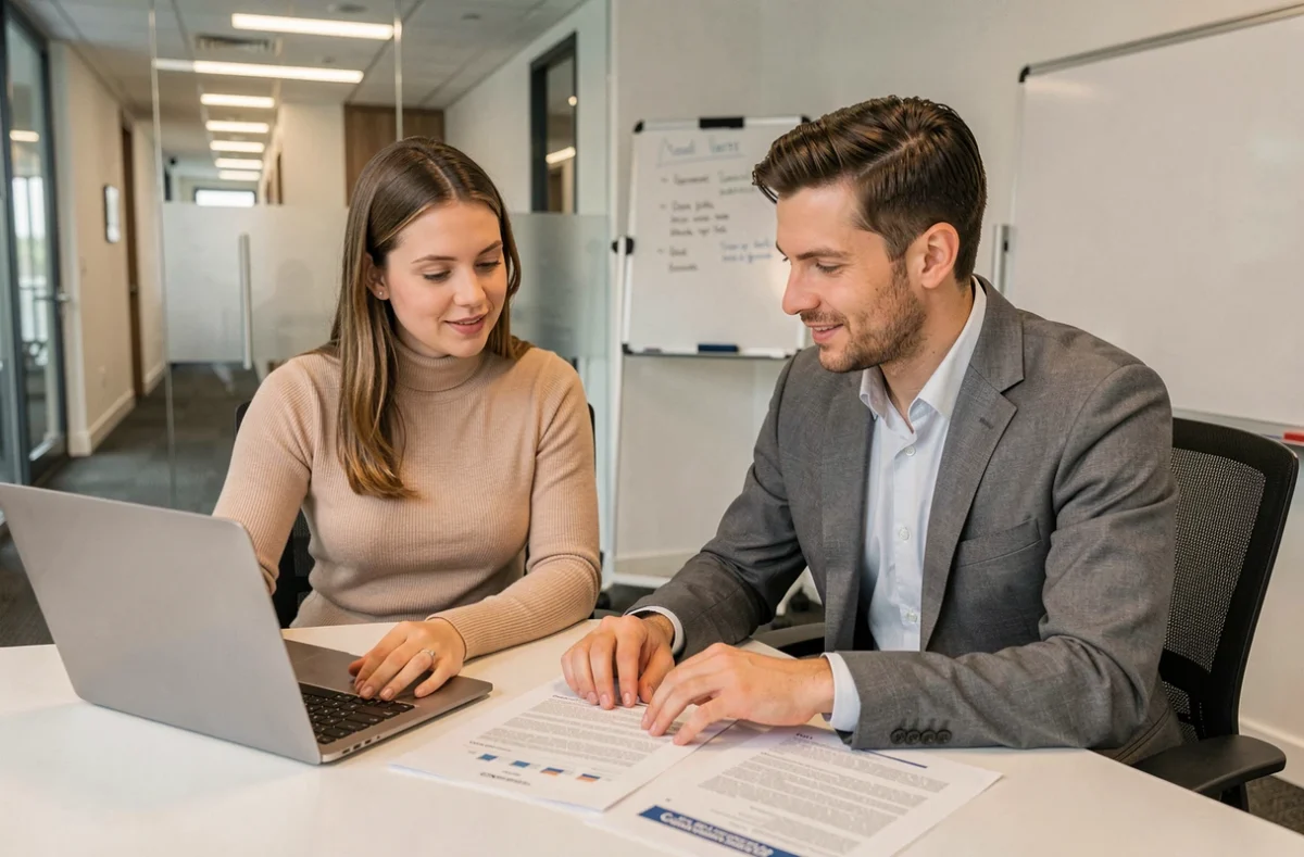 Deux professionnels RH collaborant sur des déclarations sociales et cotisations en salle de réunion d'entreprise