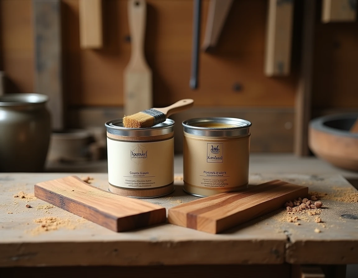 Comparaison côte à côte d'un saturateur et d'une lasure pour bois sur un établi d'artisan, avec échantillons de bois traités montrant les différences de finition