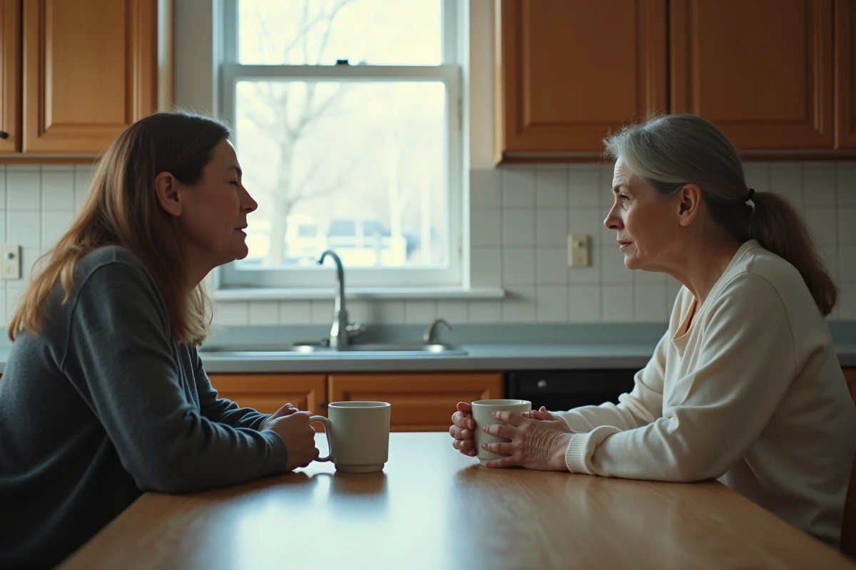 Mère et fille adulte assises à une table de cuisine, tournées l'une loin de l'autre, illustrant la distance émotionnelle et le conflit familial