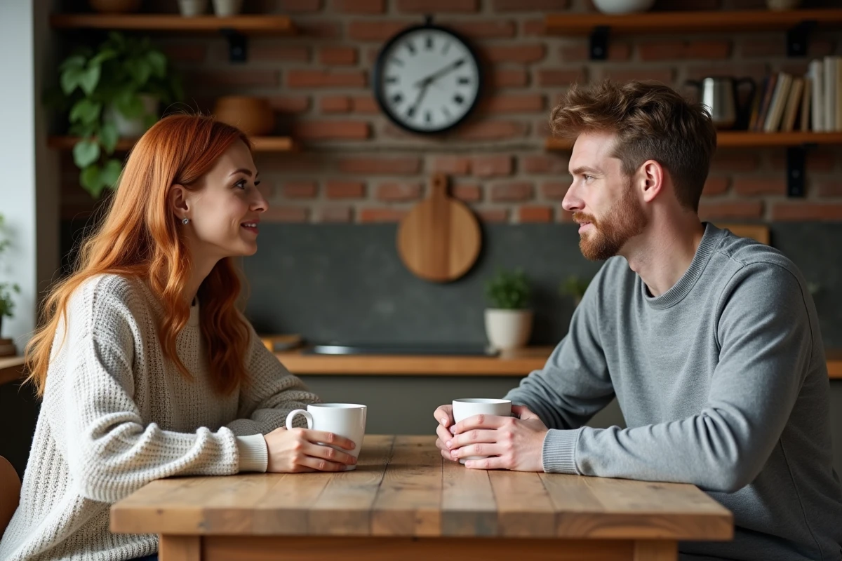 Couple partageant un café chez eux dans une cuisine chaleureuse, symbole de leur complicité et de leur vie privée préservée
