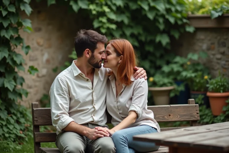 Couple discret partageant un moment d'intimité dans un jardin privé préservé du monde extérieur