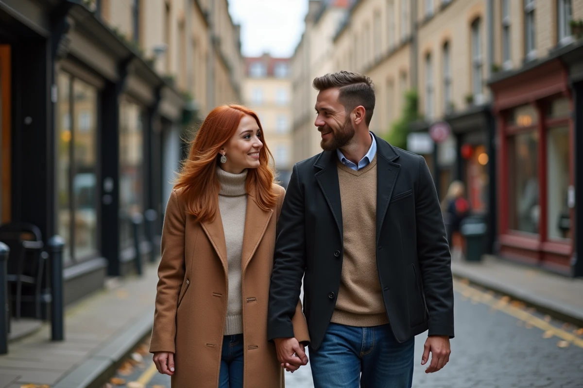 Couple marchant main dans la main dans une rue discrète d'un quartier calme, préservant leur vie privée