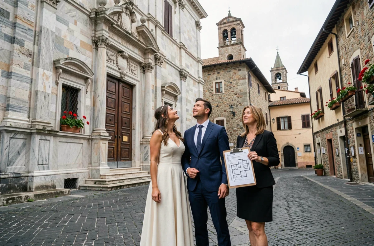 Couple découvrant leur lieu de mariage en Italie accompagné d'une coordinatrice tenant un plan de site