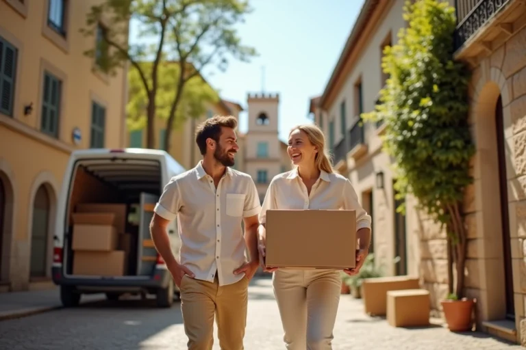Un couple de trentenaires déménage dans une ville du sud de la France, portant des cartons devant un immeuble en pierre sous les platanes