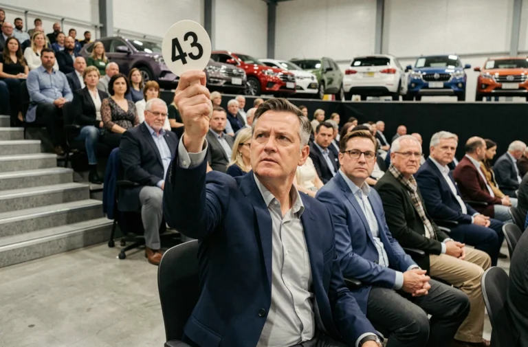 Un homme tient une palette de mise aux enchères lors d'une vente de voitures en salle professionnelle