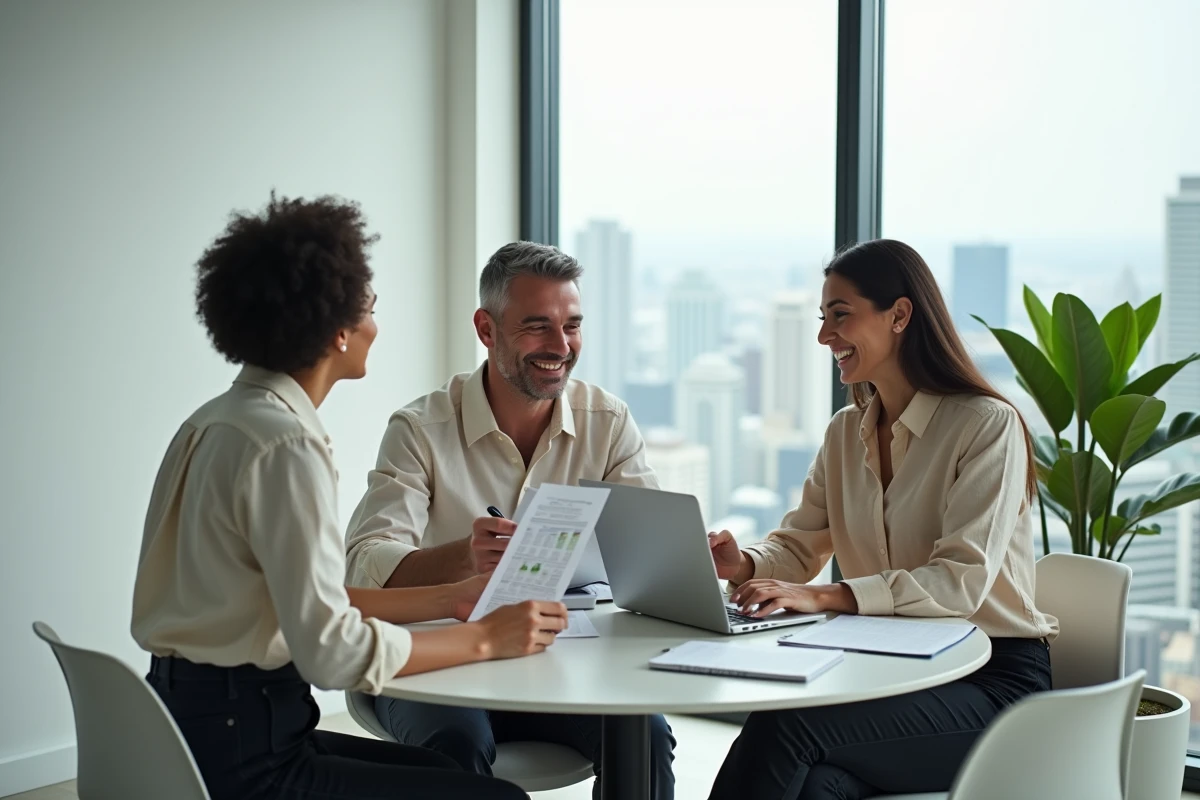 Groupe de professionnels collaborant autour d'une table dans une salle de réunion moderne avec vue urbaine