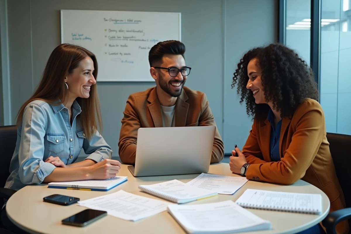 Équipe de jeunes entrepreneurs planifiant le lancement d'une entreprise autour d'une table de réunion avec documents et ordinateur portable