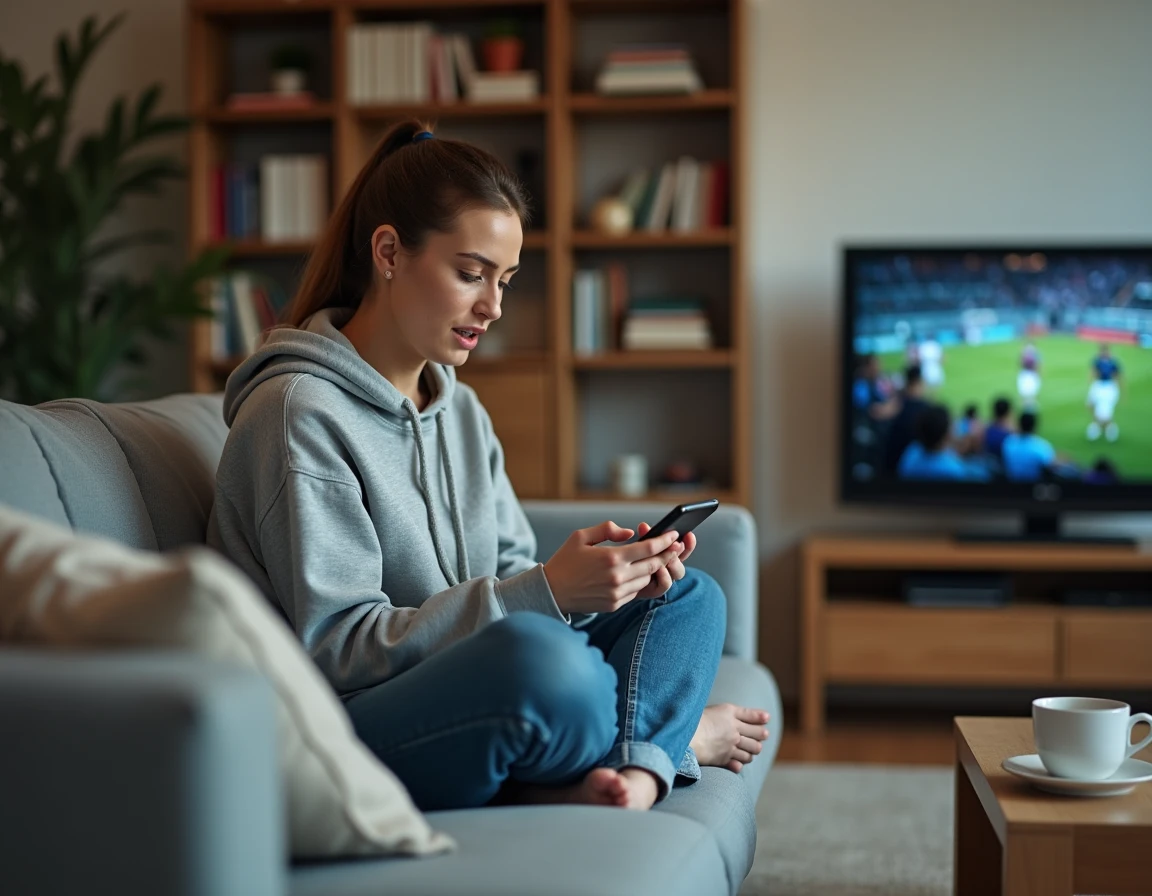 Femme consultant les actualités sportives sur smartphone depuis son canapé à la maison