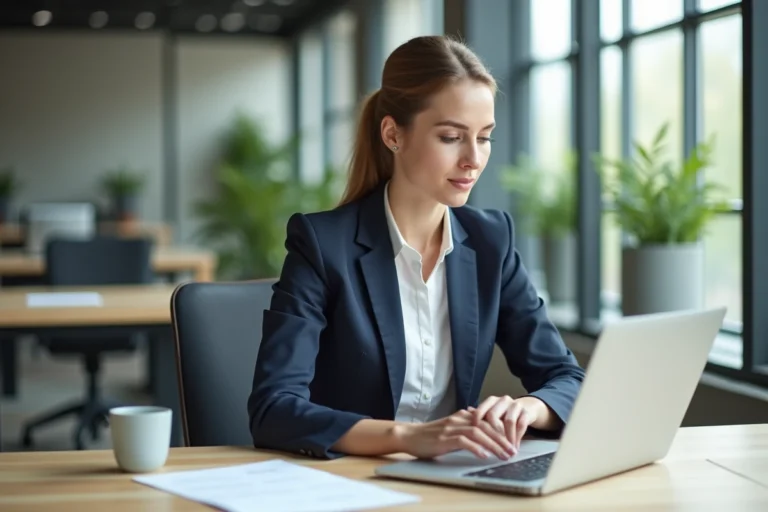 Femme professionnelle consultant des documents sécurisés sur un ordinateur portable dans un bureau moderne, illustrant l'utilisation d'un coffre-fort numérique comme Arkevia