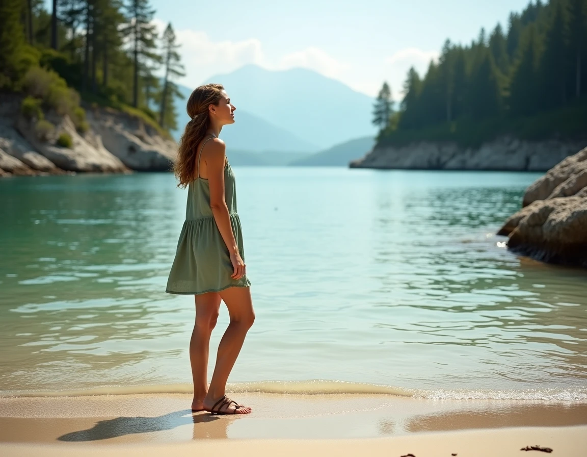 Jeune femme en robe de lin découvrant une crique cachée et sablonneuse au bord du lac du Bourget en été