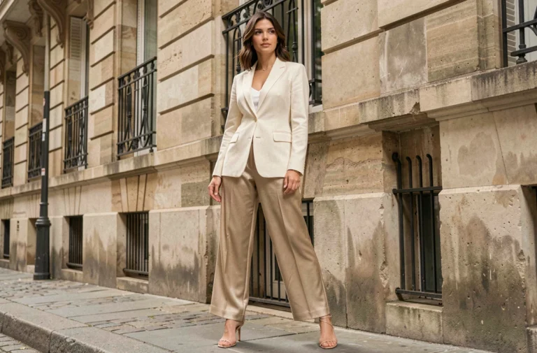 Femme élégante en blazer ivoire et pantalon satin devant une façade parisienne, look glamour tendance mode automne