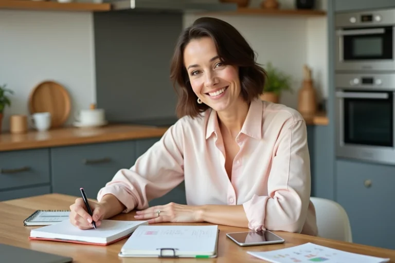 Femme élégante en cuisine avec planners et ordinateur