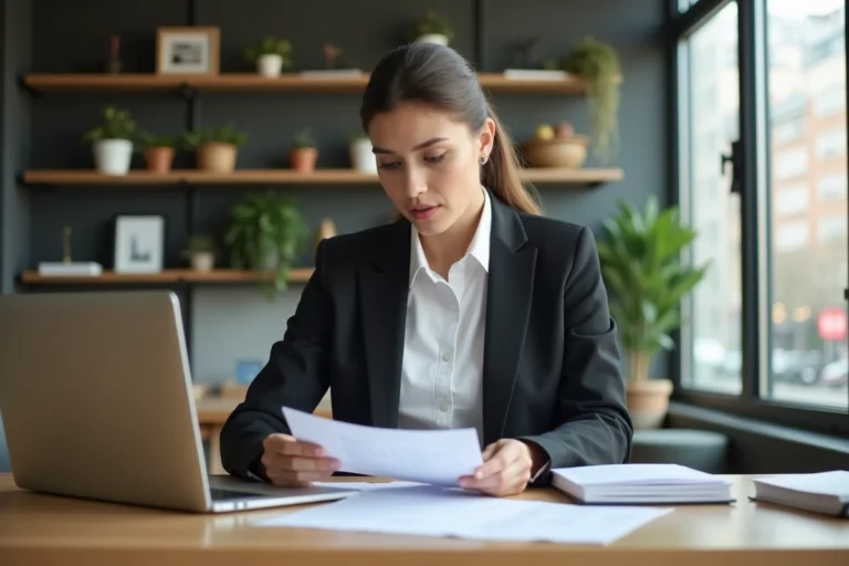 Femme entrepreneur en blazer sombre révisant des documents commerciaux dans un espace de coworking moderne