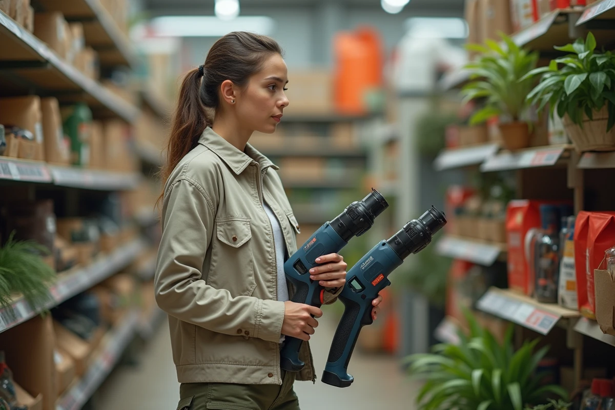 Jeune femme comparant deux coupe-bordures électriques en magasin