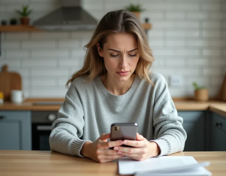 Femme consultant sa facture Free Mobile sur smartphone dans une cuisine moderne