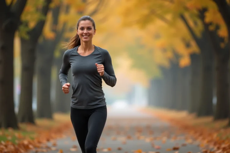 Femme joggeuse en tenue de sport courant dans un parc urbain boisé pour améliorer son bien-être quotidien