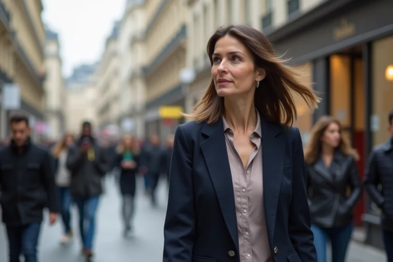 Femme en blazer navy dans une rue parisienne animée