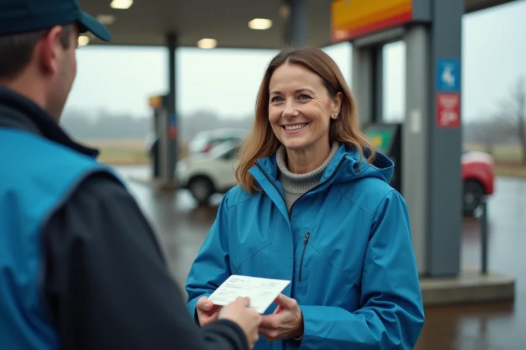 Femme en imper bleu remettant un cheque à un pompiste à la station