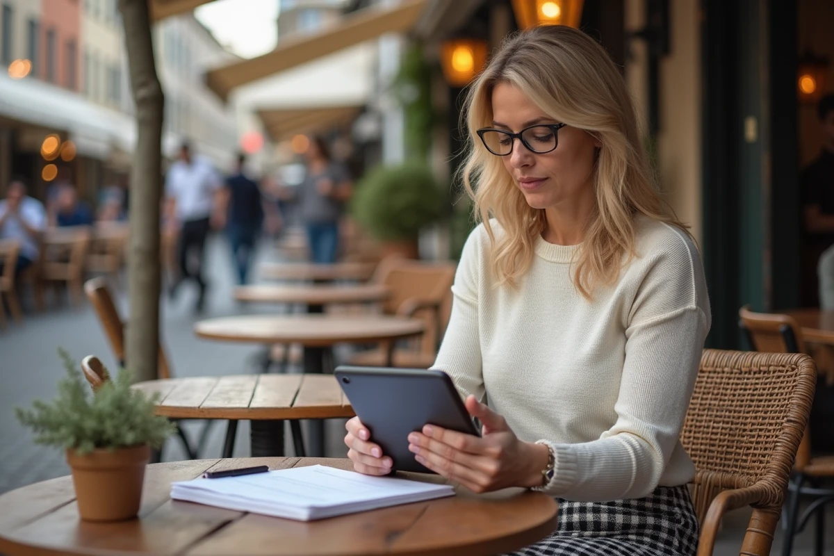 Reporter assise au café avec tablette et notes