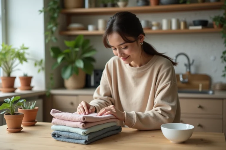 Jeune femme plie des lingettes réutilisables dans une cuisine écologique