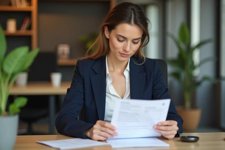 Femme professionnelle en blazer marine révisant un CV dans un espace de coworking moderne