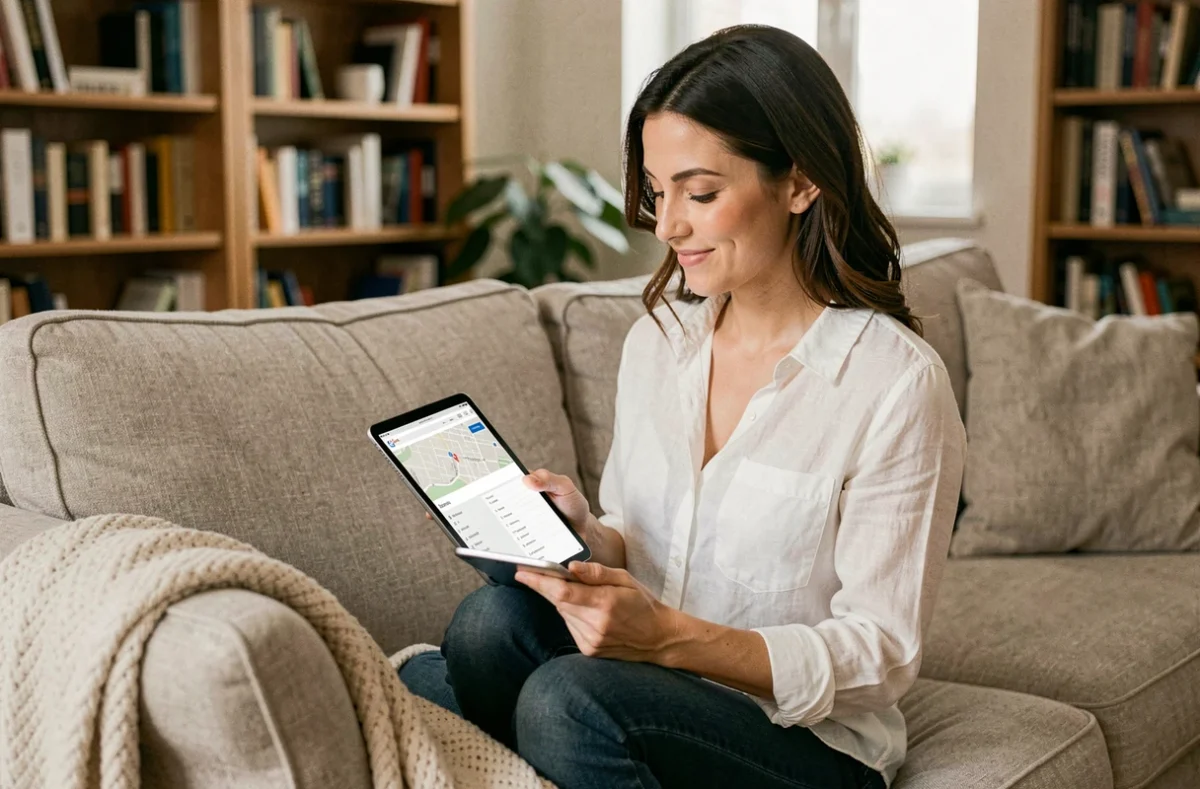 Femme consultant le plan du site d'un blog parental sur une tablette depuis son salon