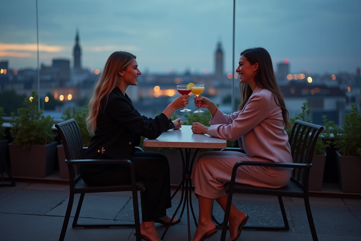 Deux femmes trinquant avec des cocktails sur un rooftop bar tendance à Anvers