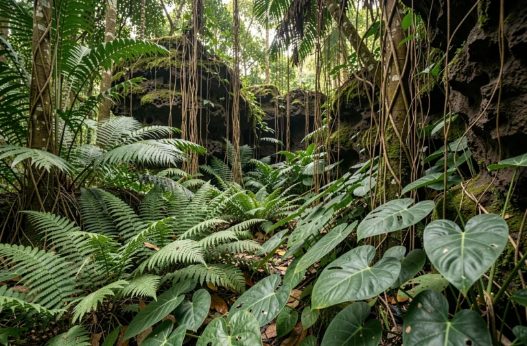 Forêt tropicale dense en Guadeloupe sans serpents, végétation luxuriante et rochers volcaniques recouverts de mousse