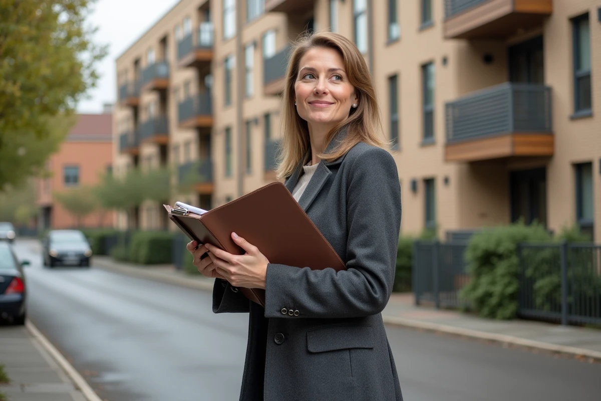 Gestionnaire immobilière inspectant un immeuble résidentiel moderne en milieu urbain, symbolisant le fonctionnement et l'expansion d'une société de logement