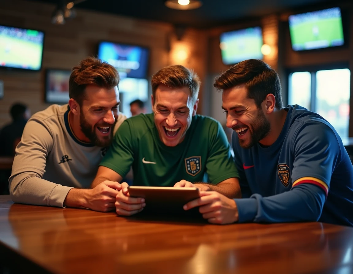 Groupe d'amis réagissant aux dernières actualités sportives sur tablette dans un bar de sport