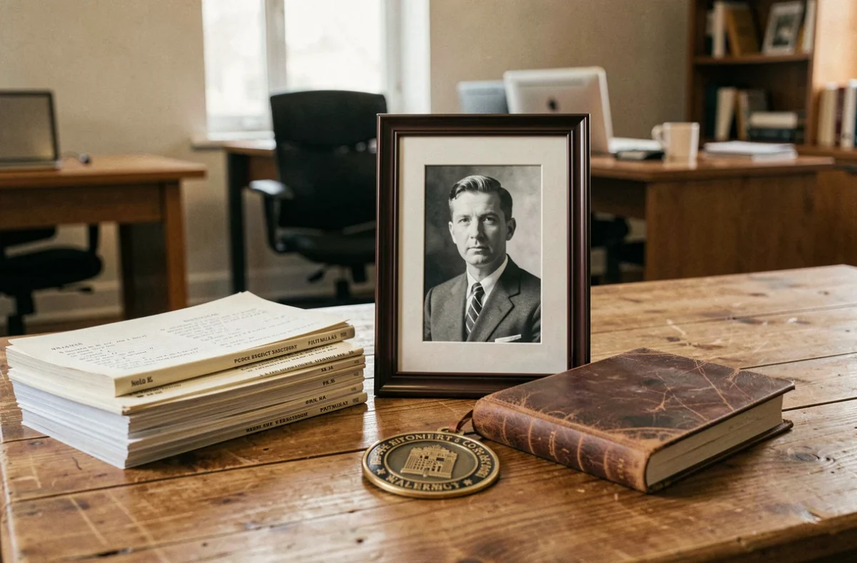 Hommage discret sur une table de bureau avec portrait encadré et accessoires de production télévisée
