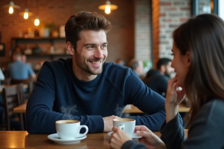 Homme regardant une femme avec un sourire discret et amoureux dans un café chaleureux