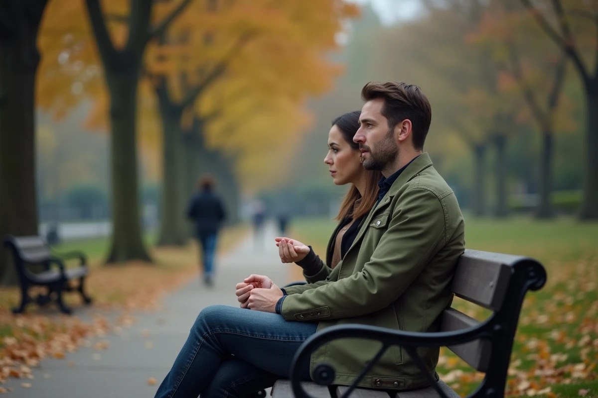 Homme dans un parc automnal écoutant une femme avec une expression tendre et des sentiments non avoués