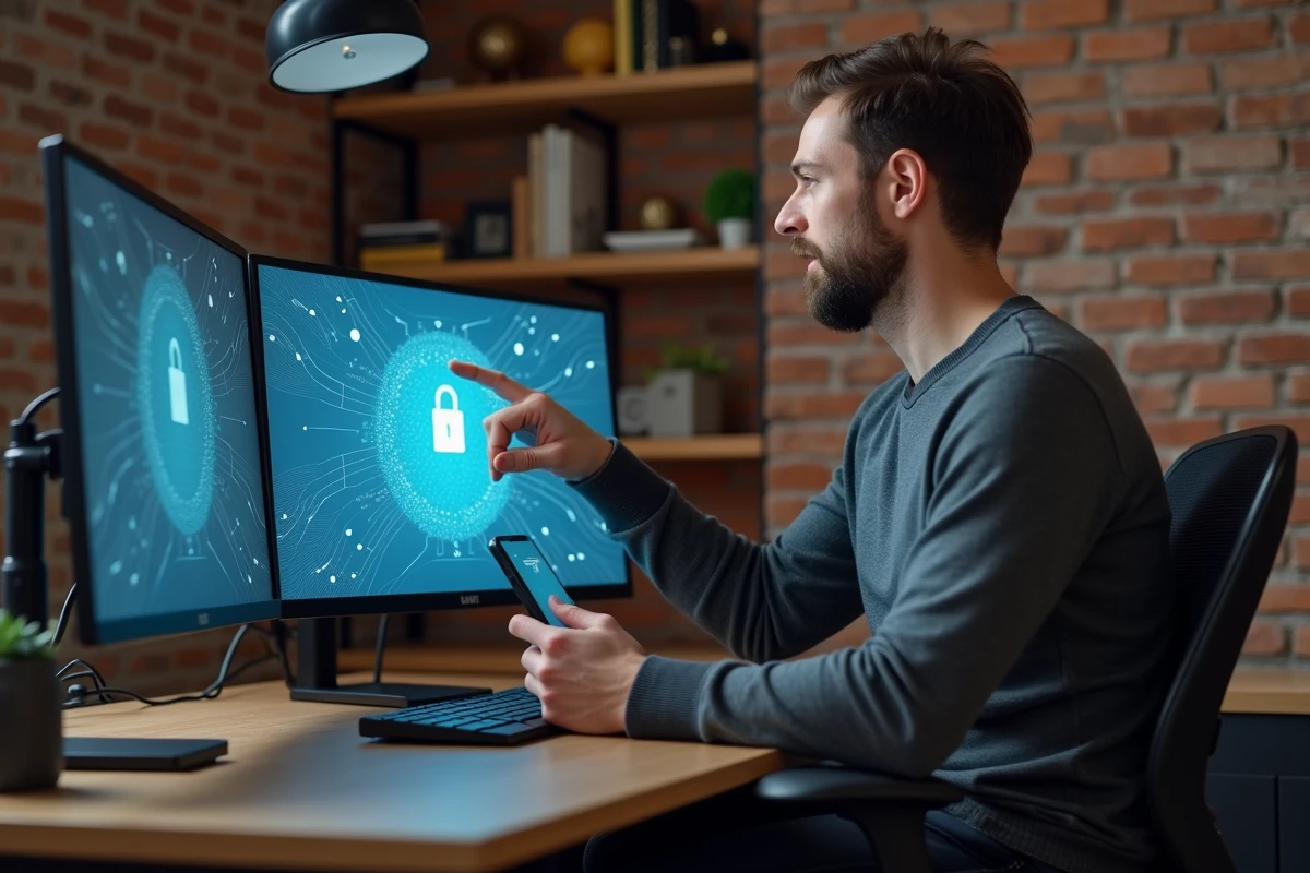 Homme travaillant depuis son bureau à domicile avec un coffre-fort numérique sécurisé sur écran, symbolisant la gestion en ligne de documents importants