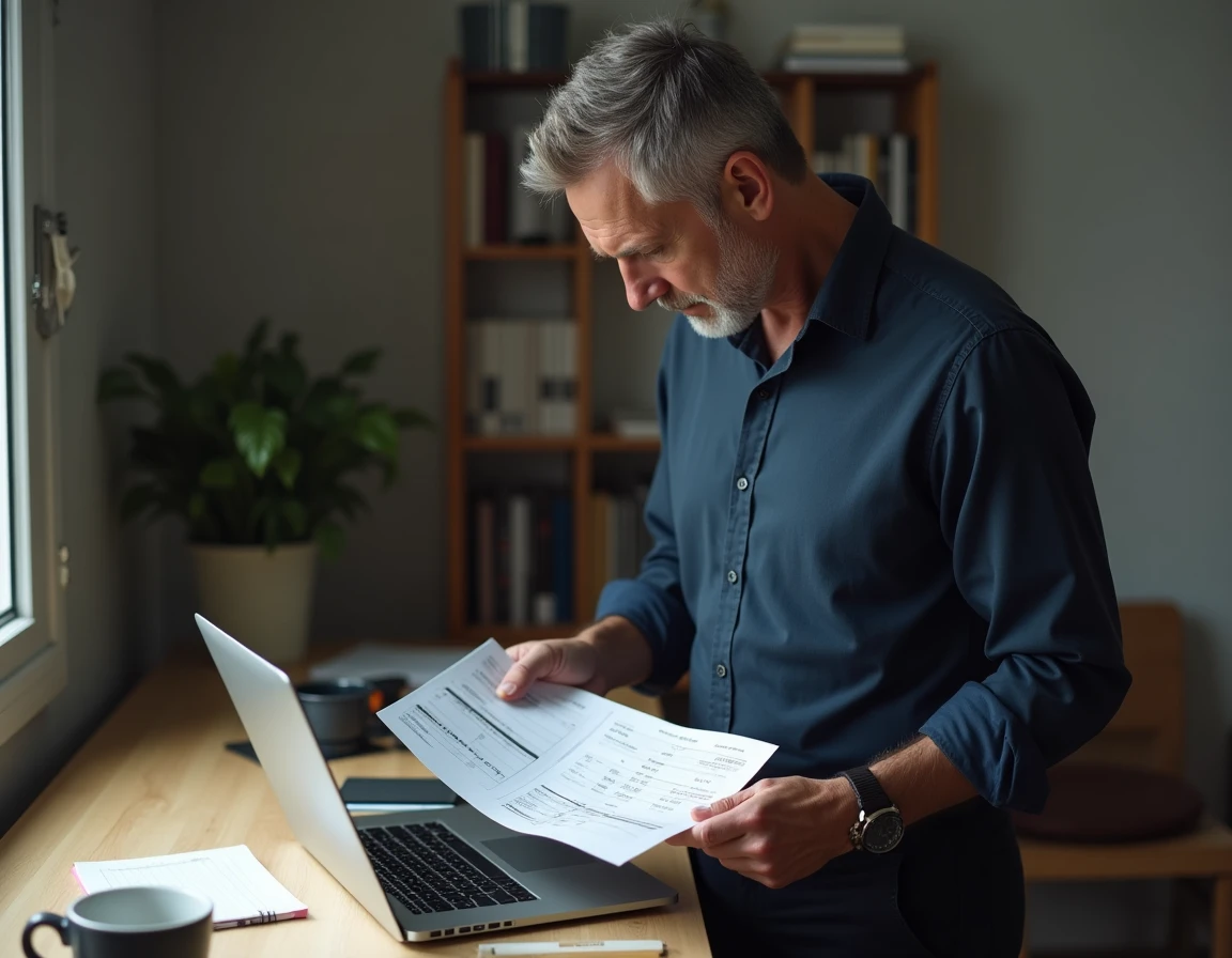 Homme comparant deux factures Free Mobile imprimées sur un bureau à domicile