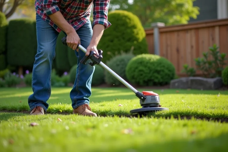 Homme en vêtements de jardinage utilisant une tondeuse sans fil
